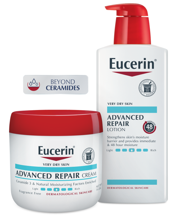 A bottle of Eucerin Baby Eczema Relief Cream & Wash next to a tube of Eucerin Baby Eczema Relief Cream